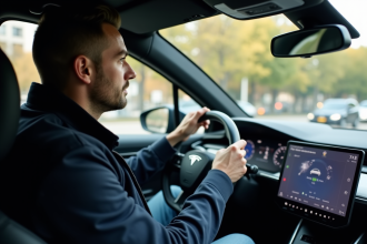 Homme au volant d'une voiture moderne en ville