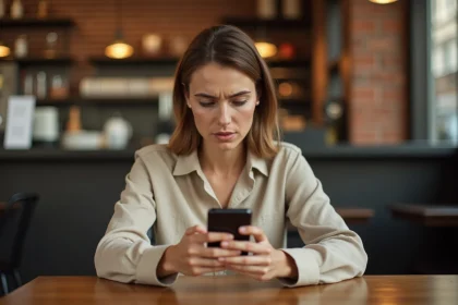 Femme consultant anonymement des stories Instagram sur son smartphone dans un café urbain