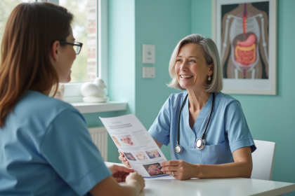 Femme d'âge moyen en consultation médicale avec une infirmière