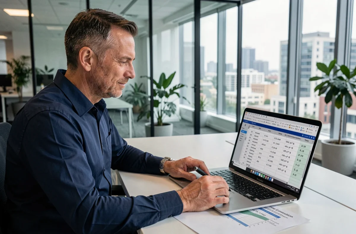 Homme consultant un tableau de conversion heures minutes en décimal sur ordinateur portable au bureau