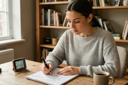 Femme calculant la conversion de minutes en heures en décimal sur un bloc-notes dans un bureau à domicile