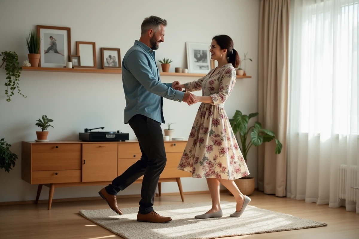 Couple d'adultes apprenant la chorégraphie du madison dans leur salon avec tourne-disque
