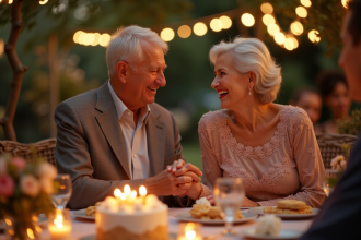 Couple agee heureux lors d'une fete d'anniversaire dans un jardin