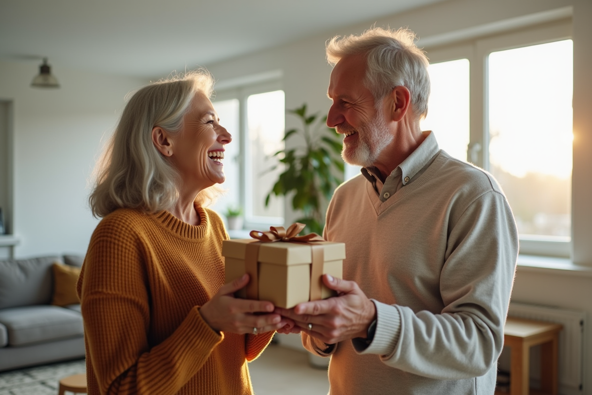 Couple joyeux échangeant des cadeaux d anniversaire dans un salon lumineux