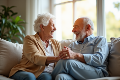 Couple agee souriant sur un sofa lumineux