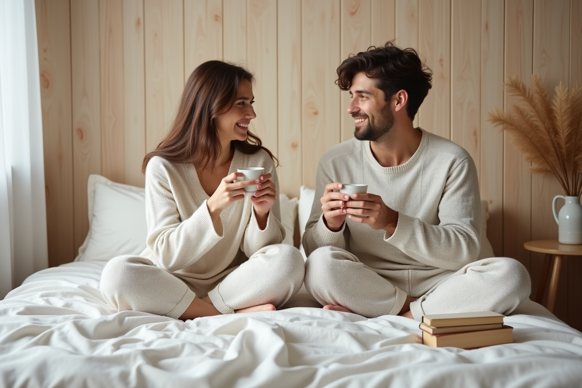 Jeune couple scandinave buvant du thé avant de dormir
