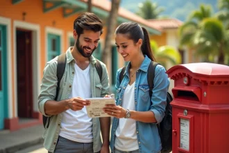 Jeune couple souriant découvrant Maurice avec boîte aux lettres coloniale