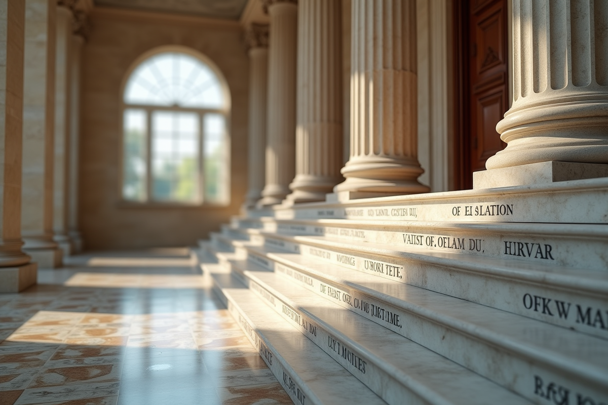 Intérieur élégant d un tribunal avec escalier en marbre et inscriptions légales