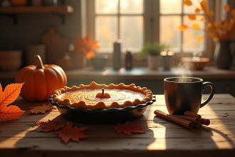 Cuisine automnale avec tarte au potiron sur une table en bois