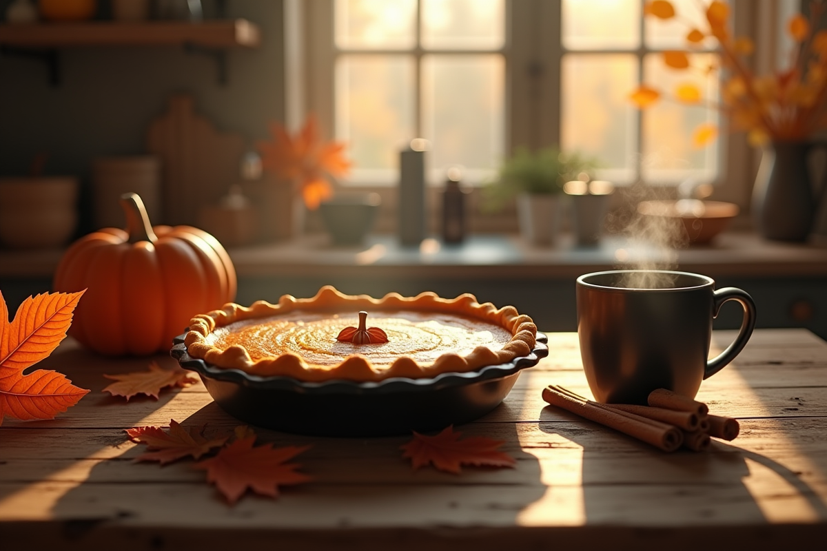 Cuisine automnale avec tarte au potiron sur une table en bois