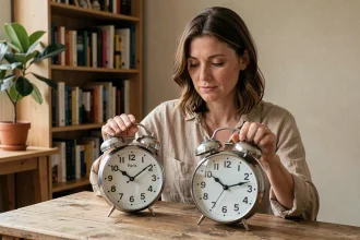 Femme comparant deux horloges analogiques affichant l'heure de Paris et Sydney pour illustrer le décalage horaire France-Australie