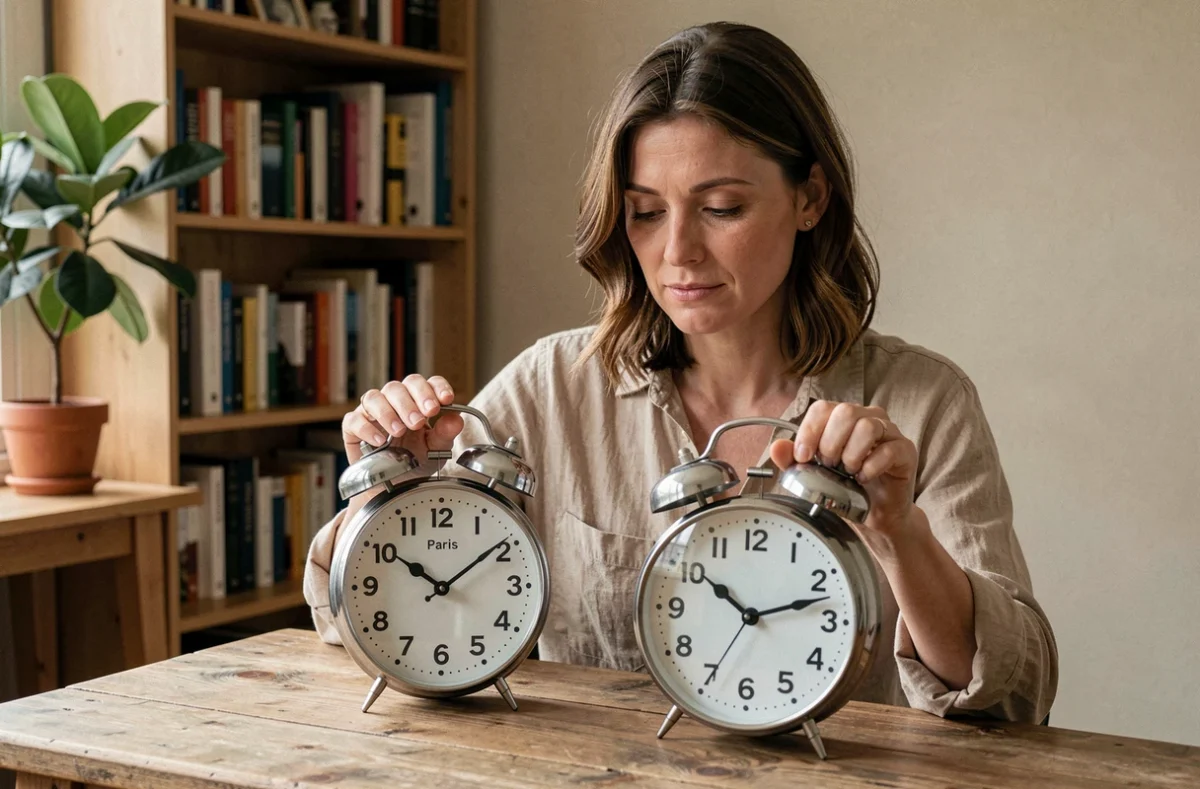 Femme comparant deux horloges analogiques affichant l'heure de Paris et Sydney pour illustrer le décalage horaire France-Australie