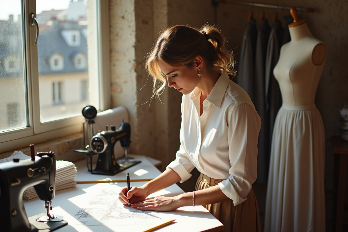 Femme créant des croquis dans un studio parisien lumineux