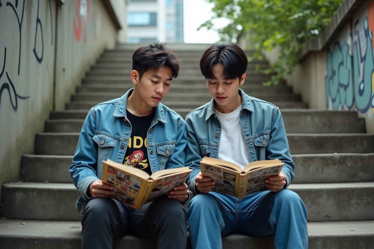 Deux jeunes adultes comparant des mangas assis sur des escaliers urbains en extérieur, illustrant la découverte des genres et codes du manga entre débutants