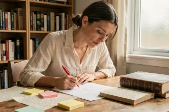 Écrivaine annotant un manuscrit structuré en actes sur un bureau en bois couvert de pages et de notes de travail
