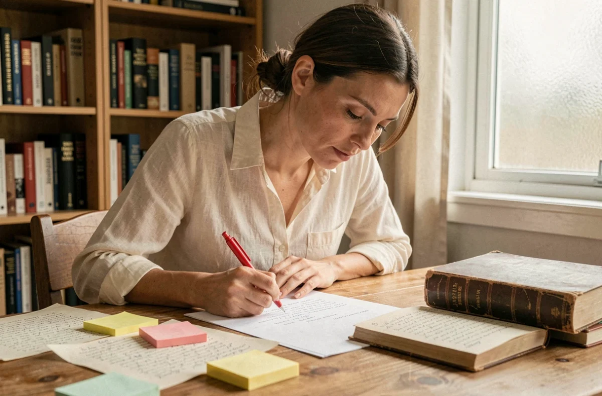 Écrivaine annotant un manuscrit structuré en actes sur un bureau en bois couvert de pages et de notes de travail