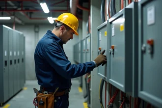 Électricien inspectant un transformateur triphasé monophasé d'isolement dans une salle électrique industrielle