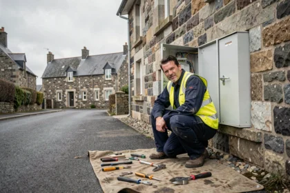Électricien d'urgence au travail devant un tableau électrique dans le Finistère