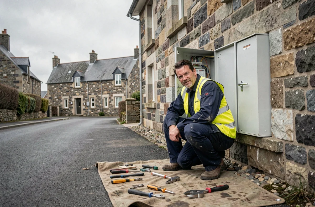 Électricien d'urgence au travail devant un tableau électrique dans le Finistère
