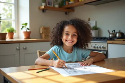 Fille souriante de huit ans coloriant une maison &agrave; la maison