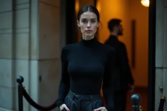 Jeune femme devant l'entrée d'une boîte de nuit électro à Paris avec videur en arrière-plan