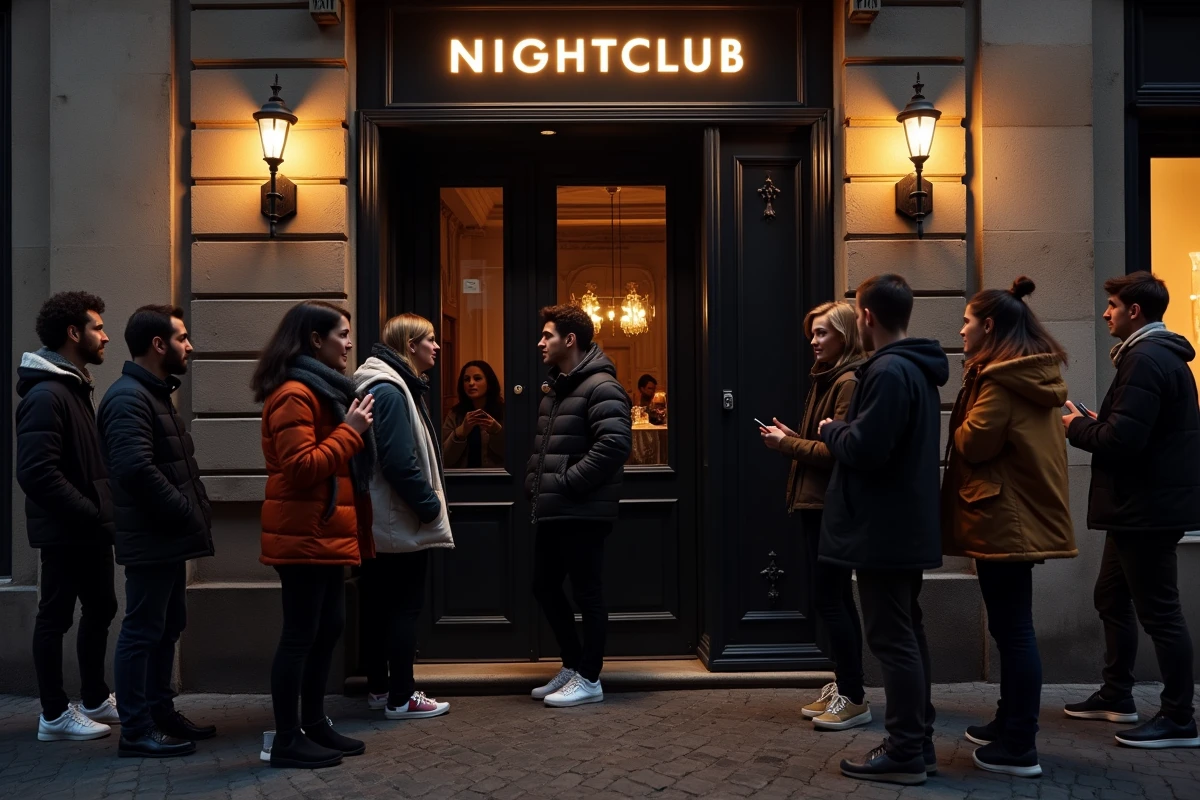 File d'attente devant l'entrée d'un club populaire à Lille avec décor de rue pavée typique du nord de la France