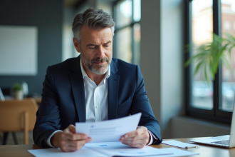 Homme d'affaires en blazer bleu examine documents financiers