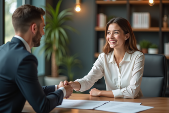 Femme professionnelle serrant la main d'un représentant en réunion