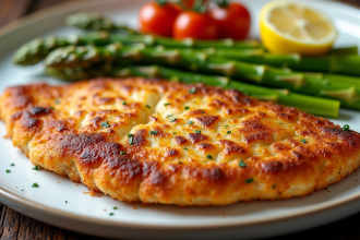 Escalope milanaise avec asperges grillées et tomates