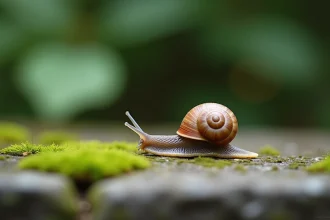 Escargot sur une pierre moussue symbolisant la progression spirituelle lente et contemplative