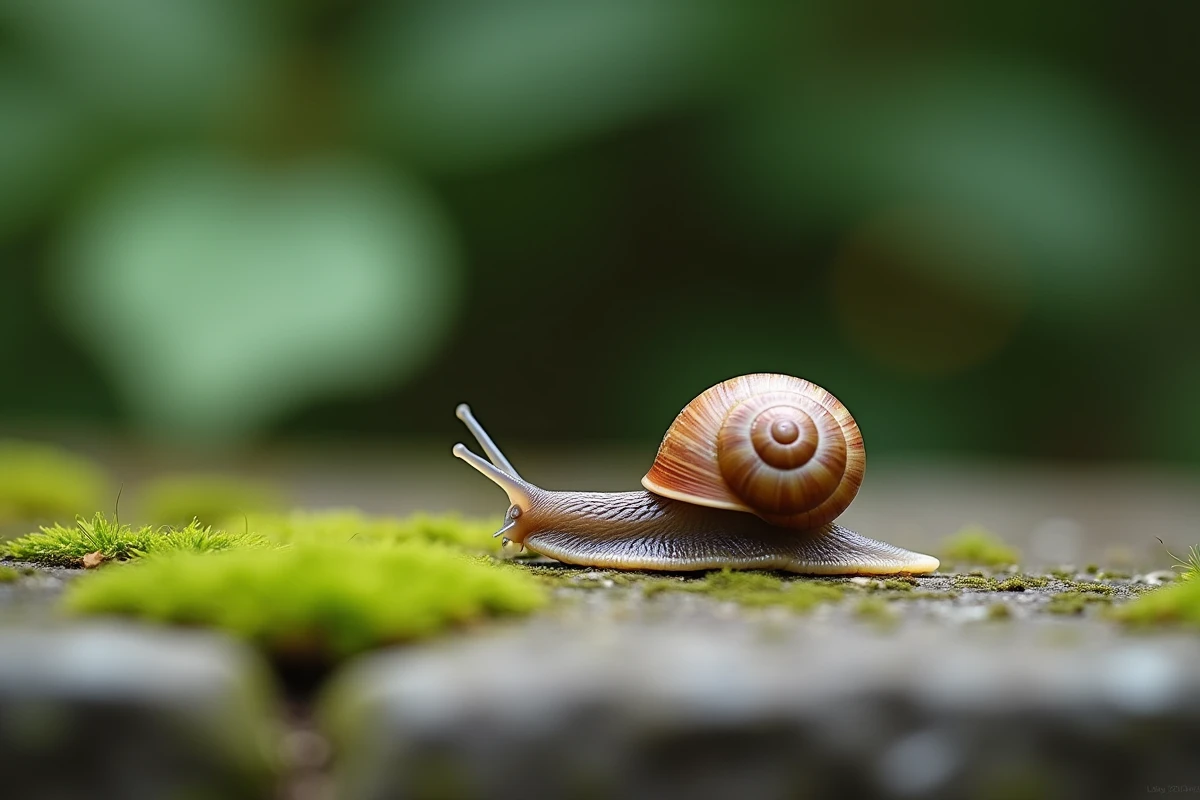 Escargot sur une pierre moussue symbolisant la progression spirituelle lente et contemplative