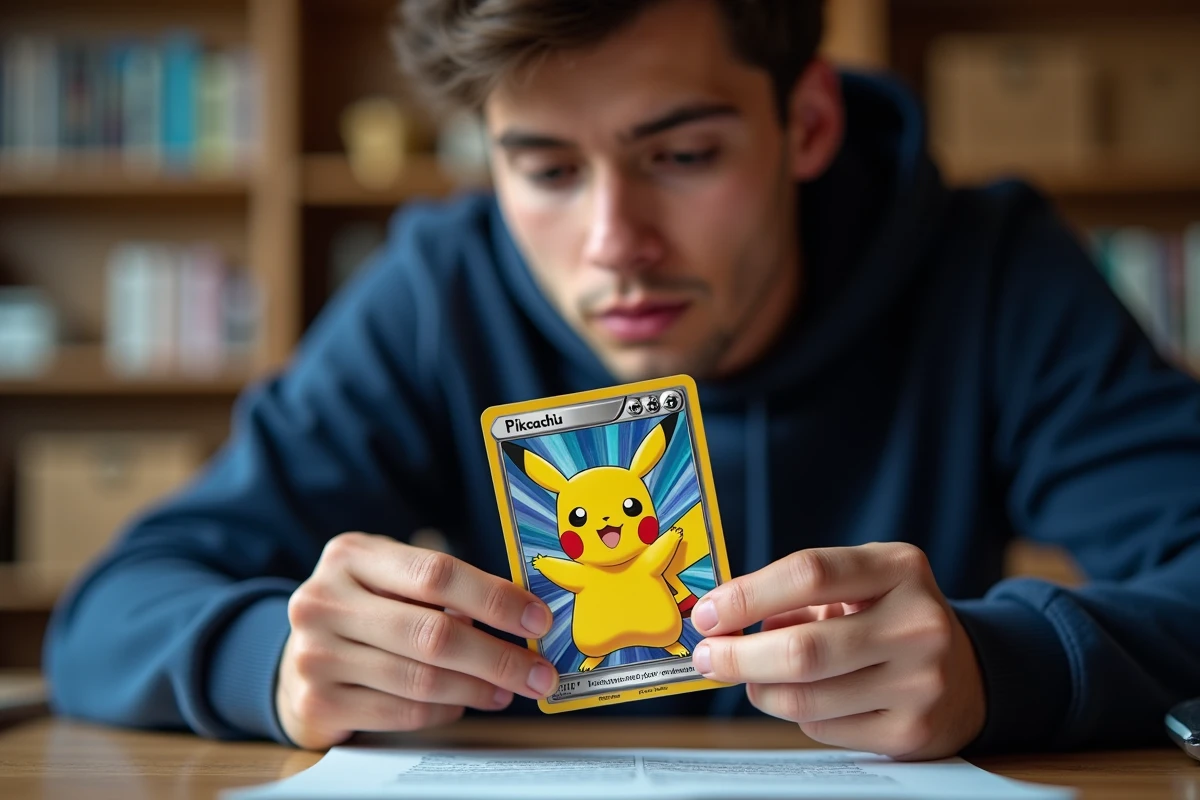 Collectionneur tenant une carte Pikachu ex Étincelles Déferlantes pour en évaluer la valeur