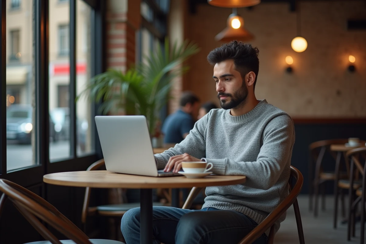 Étudiant algérien expatrié lisant Elchorouk sur son ordinateur portable dans un café européen