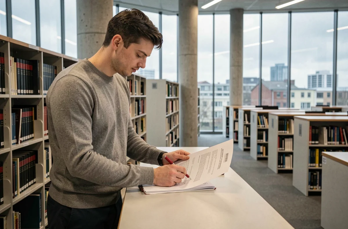 Étudiant en droit annotant un arrêt juridique dans une bibliothèque universitaire moderne
