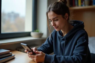 Étudiante algérienne à l'étranger consultant les actualités d'Elchorouk sur son smartphone dans sa chambre universitaire