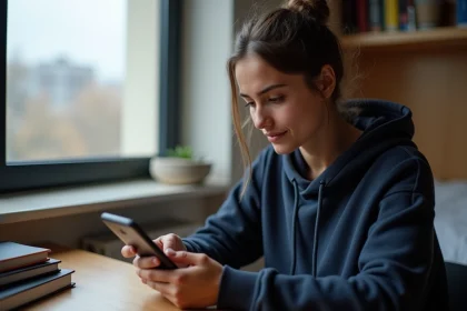Étudiante algérienne à l'étranger consultant les actualités d'Elchorouk sur son smartphone dans sa chambre universitaire