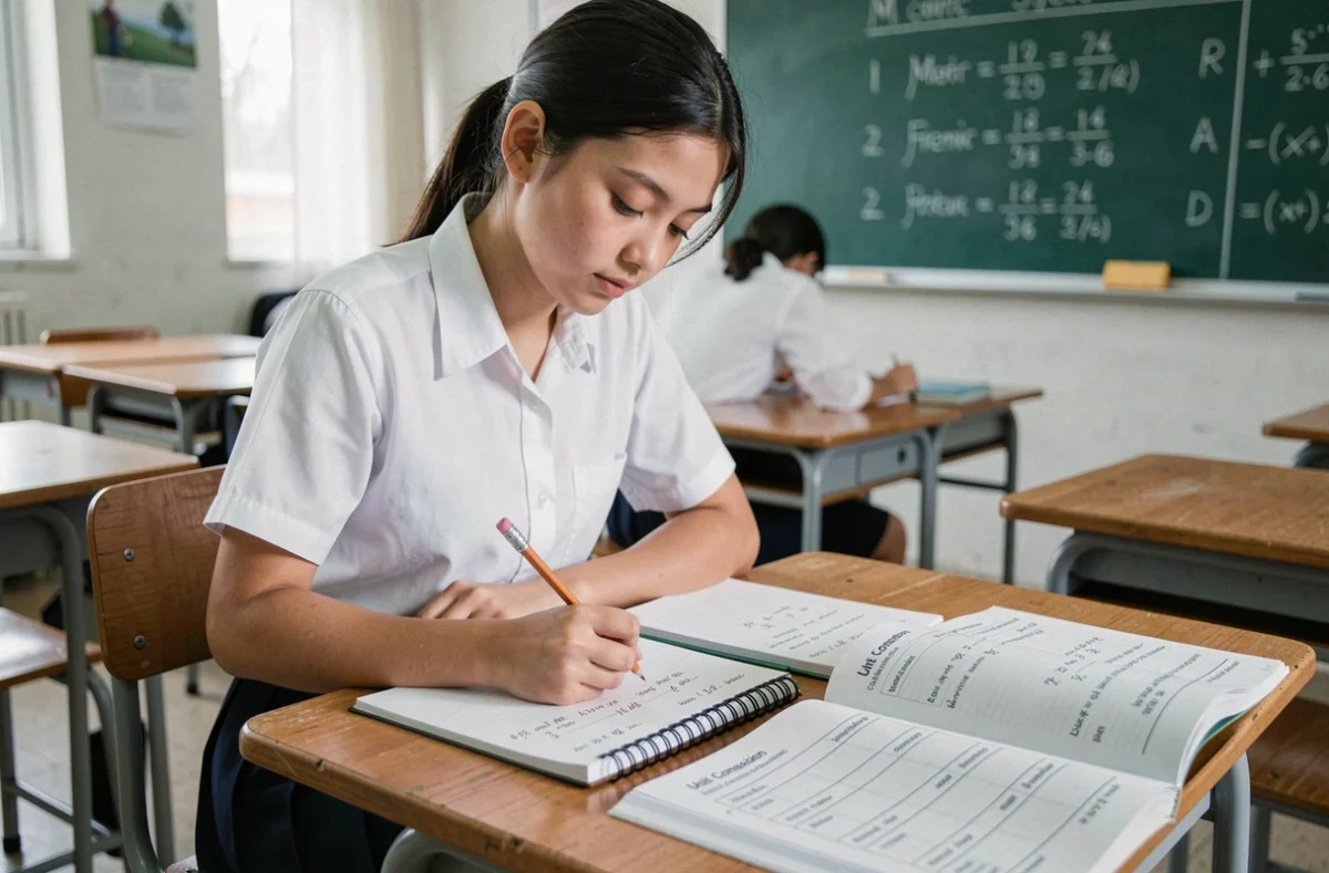 Étudiante effectuant des exercices de conversion pieds en centimètres dans un cahier en classe