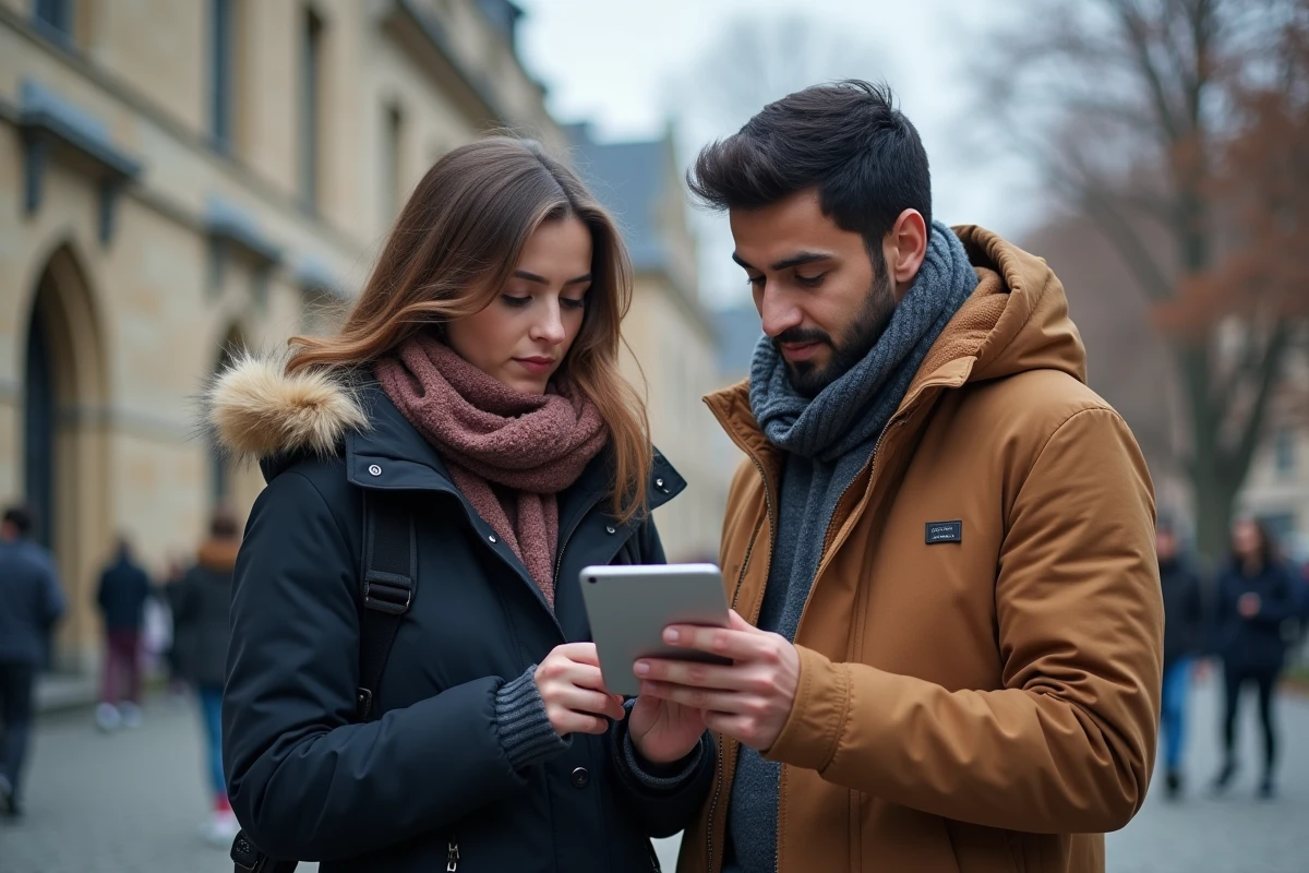 Deux étudiants algériens à l'étranger consultant ensemble les actualités Elchorouk sur une tablette devant leur université