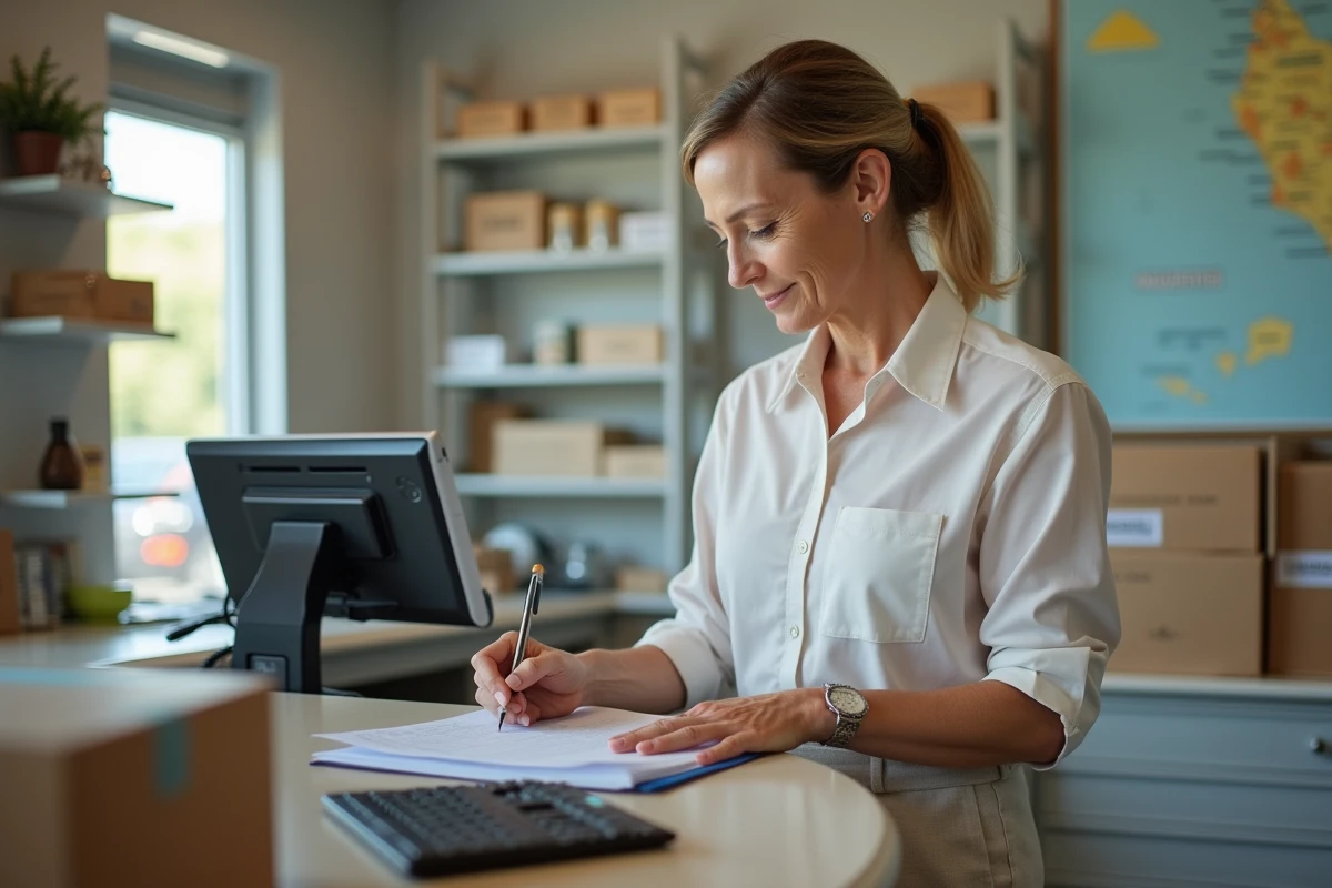 Femme expatri&eacute;e remplissant formulaire dans un bureau de poste moderne