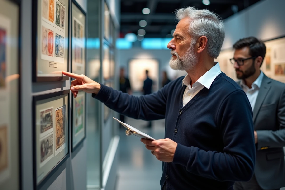 Expert philatéliste présentant une collection de timbres encadrée à un collègue lors d'une foire d'évaluation philatélique professionnelle