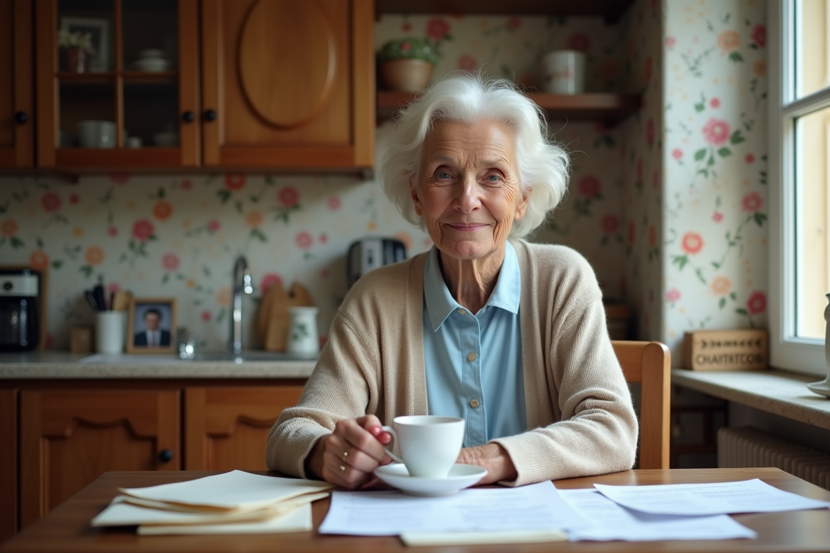 Factrice âgée souriante dans une cuisine chaleureuse
