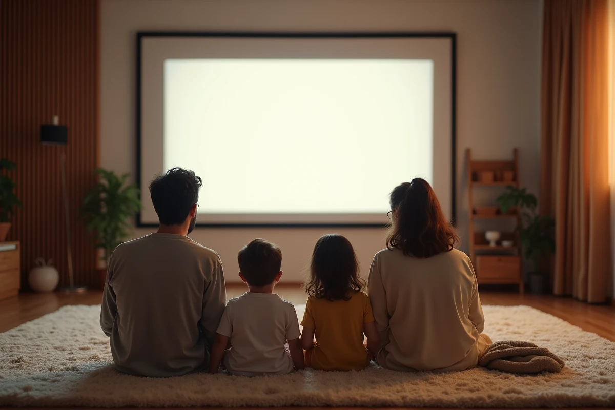 Famille de quatre regardant un film dans leur home cinéma