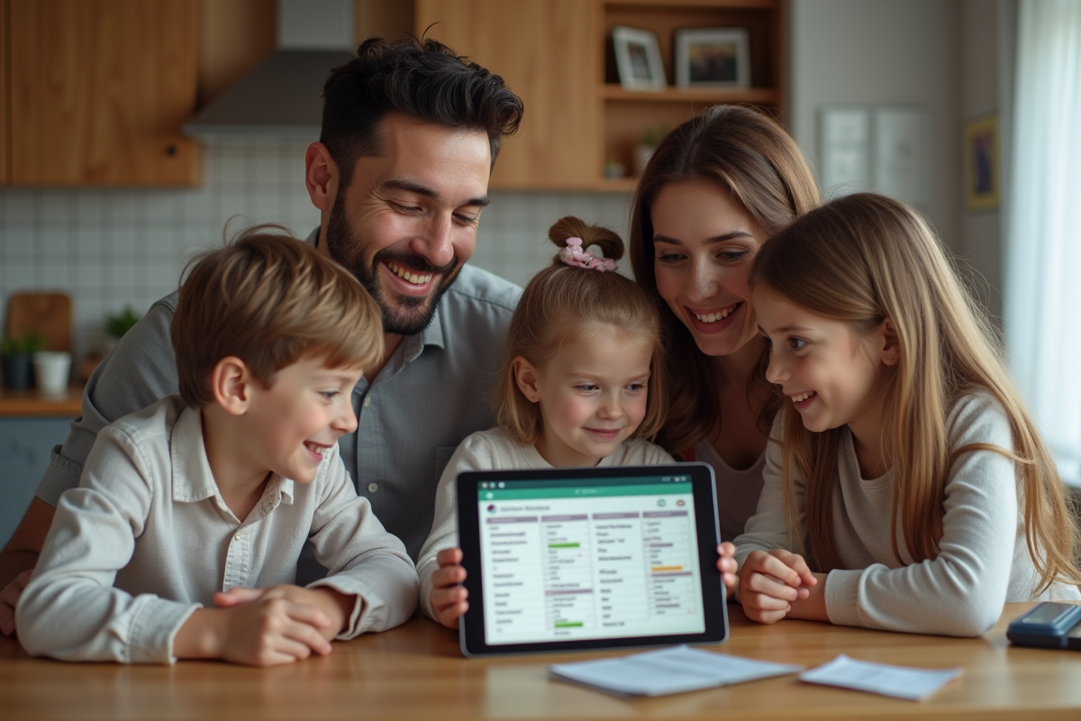 Famille moderne utilisant une tablette pour organiser la famille