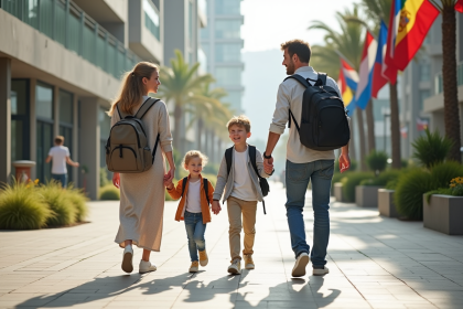 Famille marchant dans une ville accueillante en extérieur