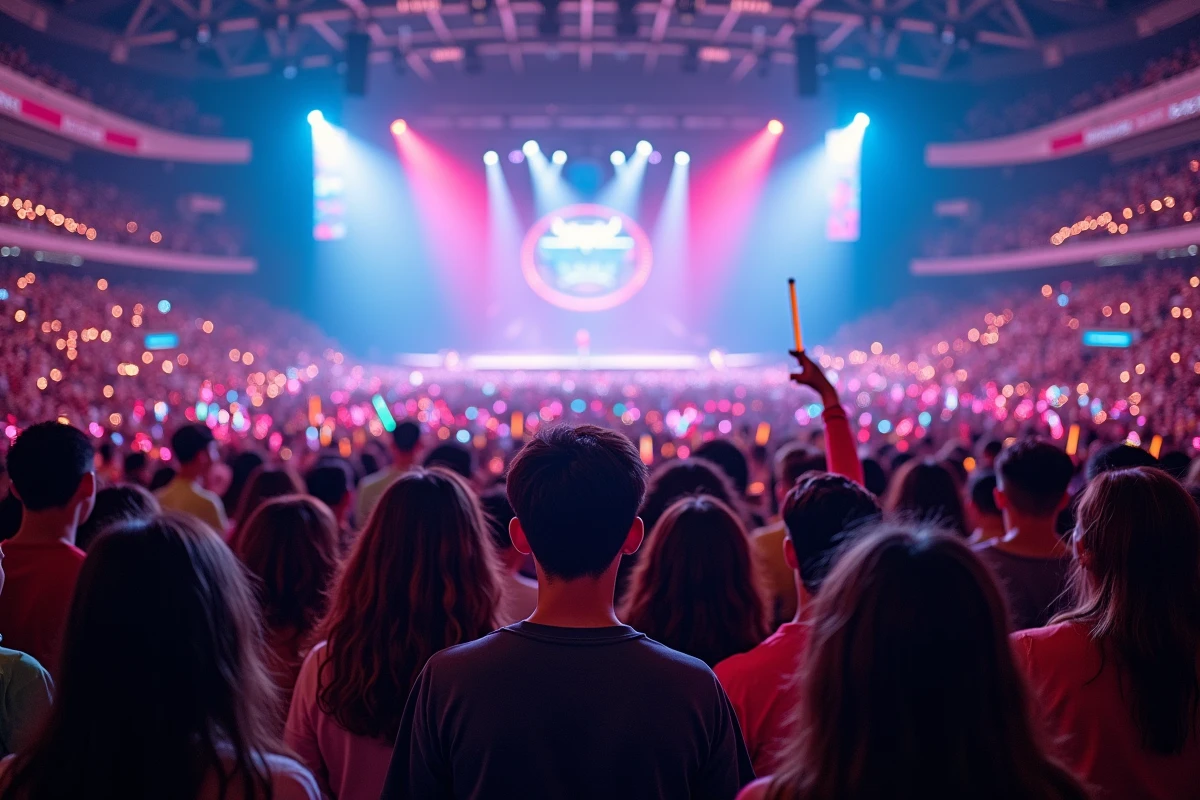 Foule de fans de K-pop tenant des glowsticks dans une grande arène de concert en Corée du Sud, illustrant l'impact culturel mondial des groupes coréens