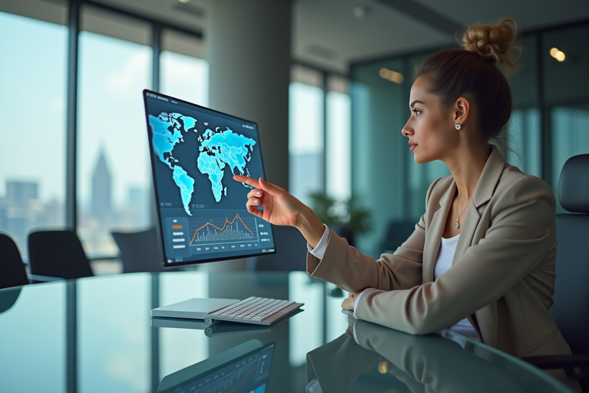 Jeune femme d'affaires analysant des données sur un écran