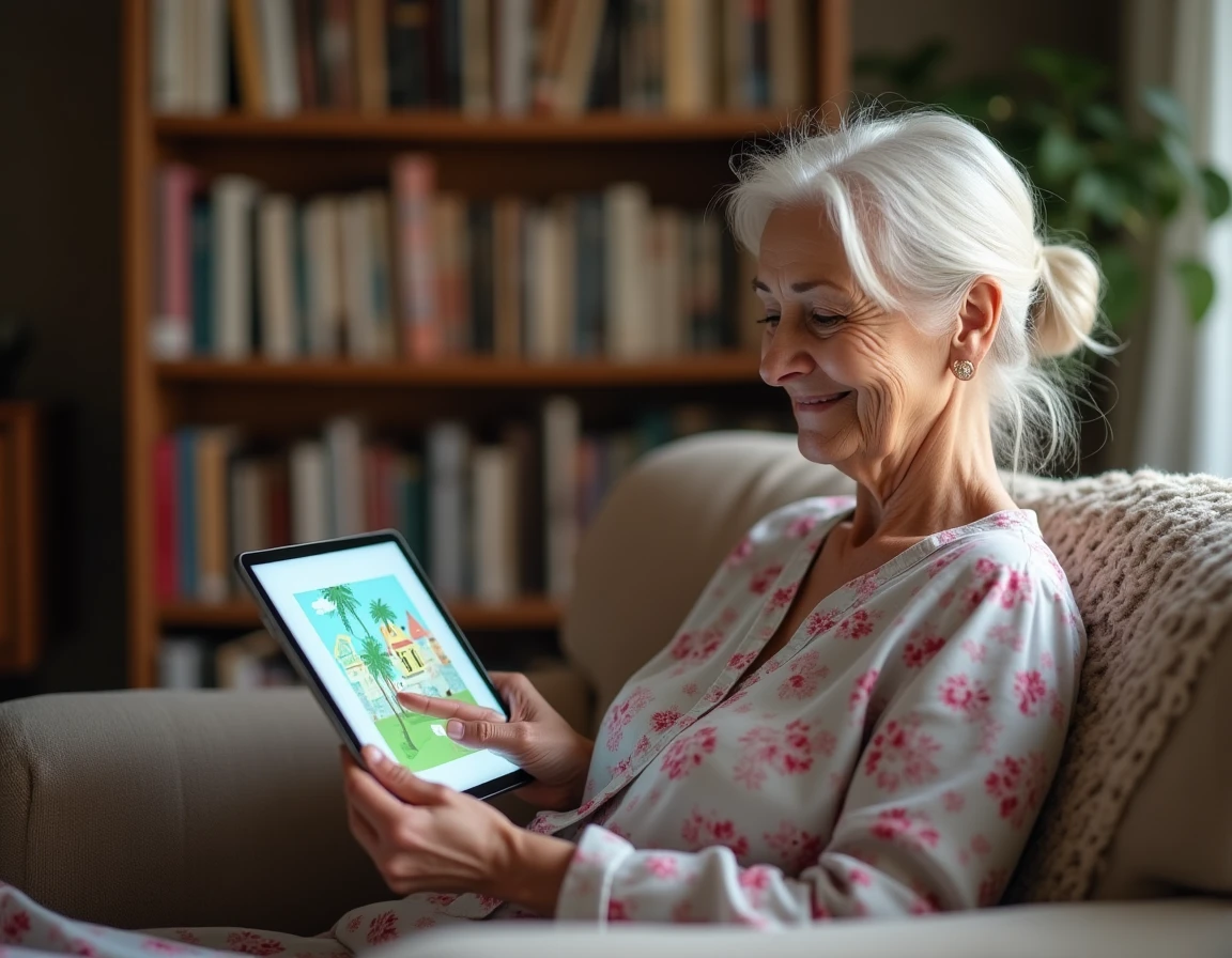 Femme âgée jouant à un jeu de mémoire visuelle sur tablette dans son salon