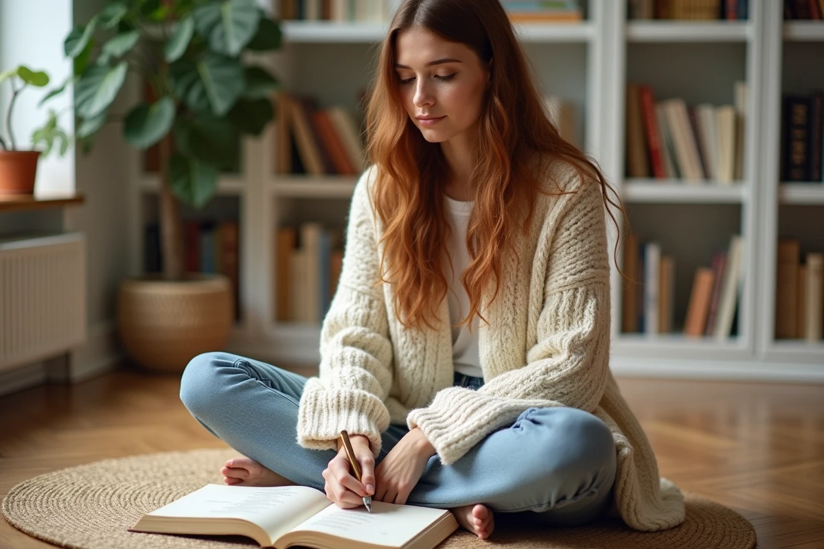 Jeune femme annotant un recueil de poésie contemporaine assise sur le parquet d'une bibliothèque minimaliste à domicile