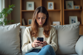 Femme anxieuse regardant son smartphone dans un salon cosy