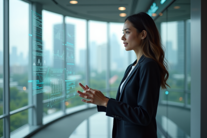 Jeune femme en costume dans un bureau futuriste avec réalité augmentée